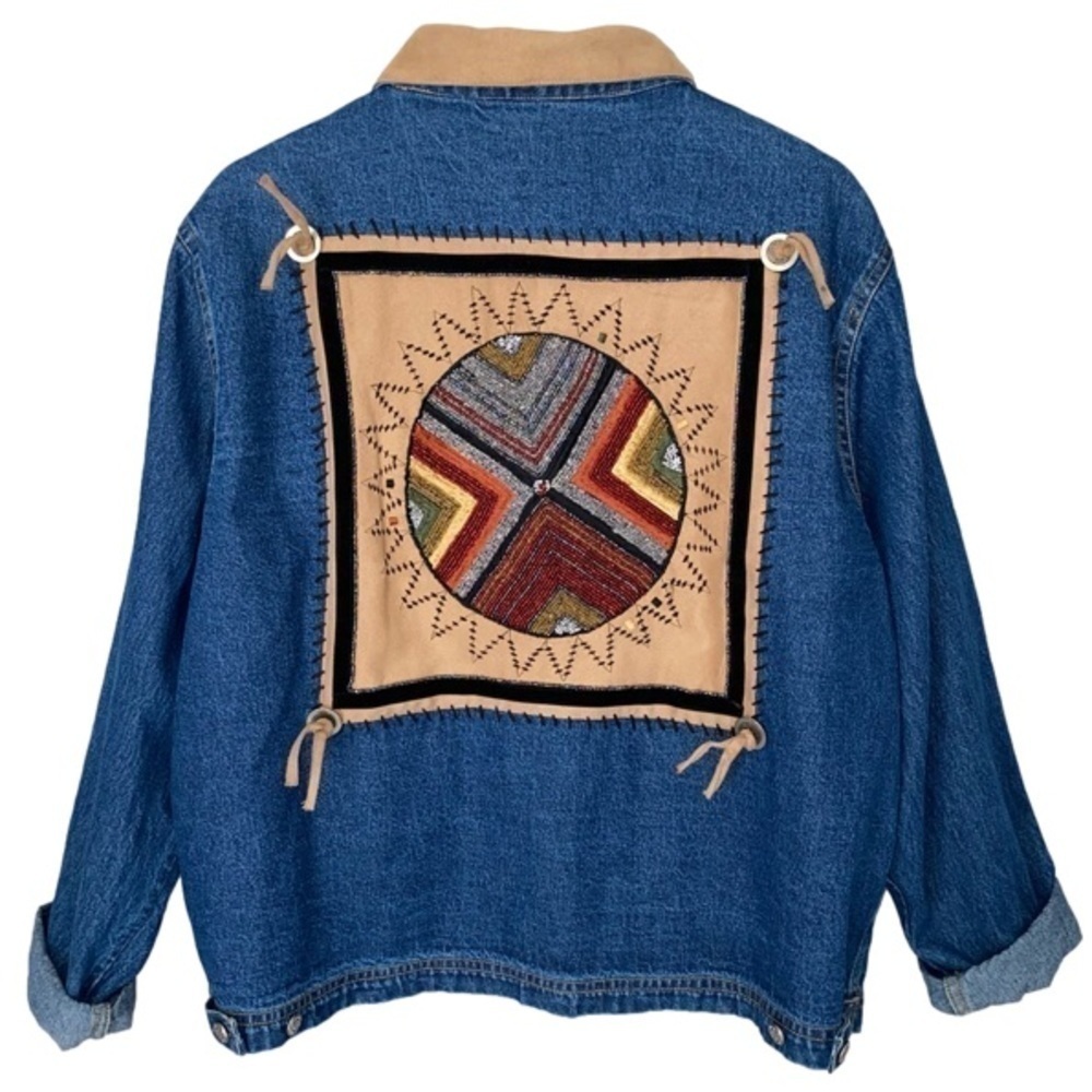 CARRIE ALLEN Denim Jacket Vintage Beaded Suede Long Sleeve Blue/Tan Women Size L - Picture 2 of 14